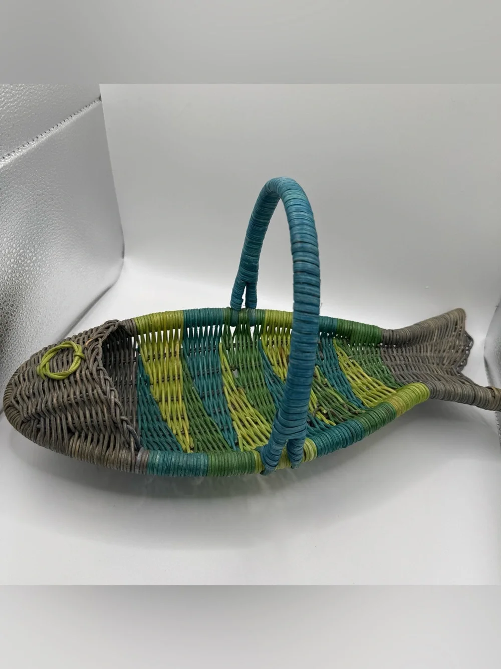 Vintage Wicker Fish Basket Shaped Fruit Bowl Colorful Hand Woven Boho Handle 70s